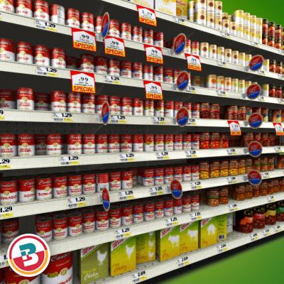 3D Model of Grocery shelves stocked with low poly soup products - 3D Render 2